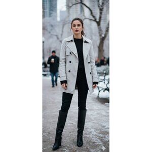 IKKS Women's Beige Laminated Linen Double-Breasted Trench Coat Size Medium